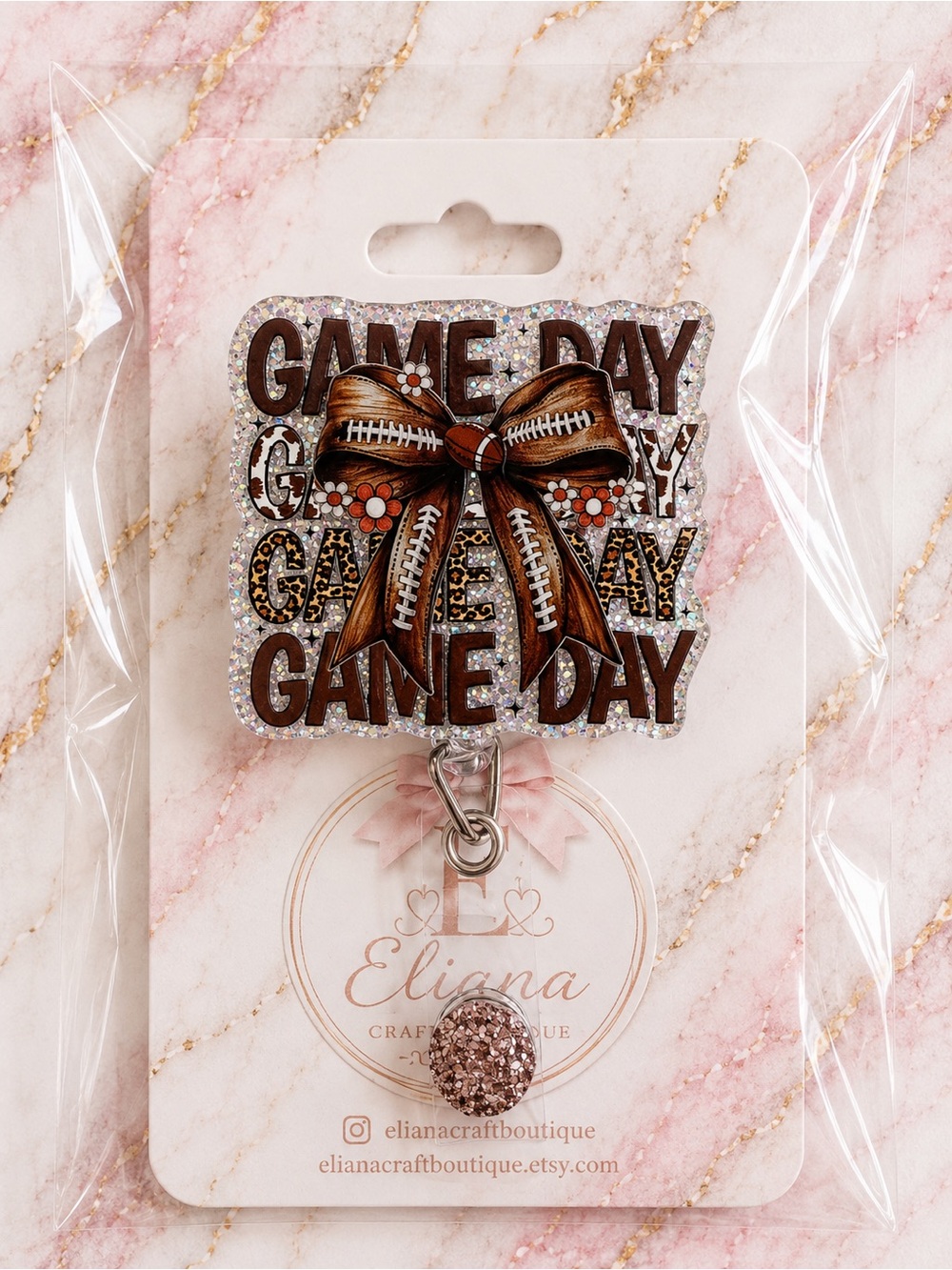 Game Day Glitter Badge Reel - Rose Gold & Brown